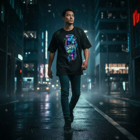 Powered By Spite black tee on model - night street