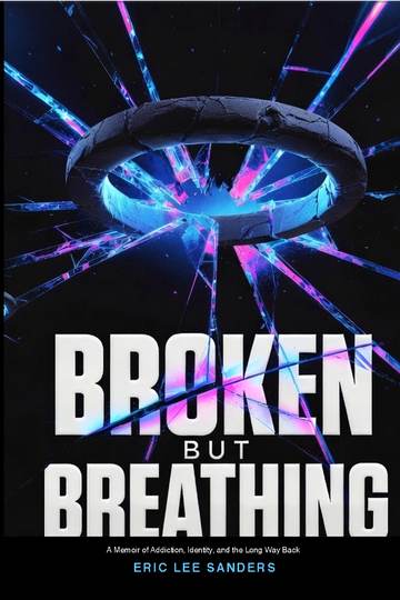 Book cover for 'Broken But Breathing' by Eric Lee Sanders, featuring a glowing broken halo ring against a dark starfield with radiating blue and purple light streaks.