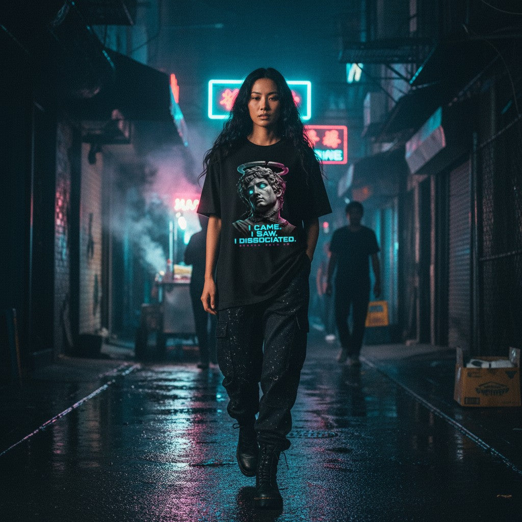 I Came I Saw I Dissociated black tee on model — Broken Halo Co.