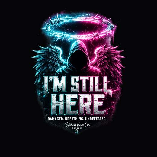 I'm Still Here design - Damaged, Breathing, Undefeated. Broken Halo Co.