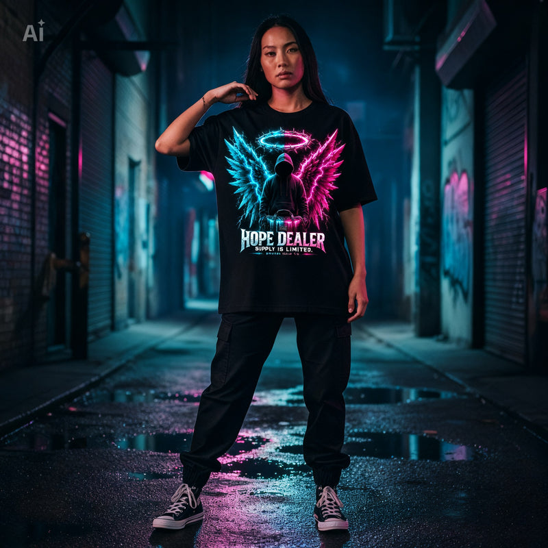 Hope Dealer black tee on model — Broken Halo Co.