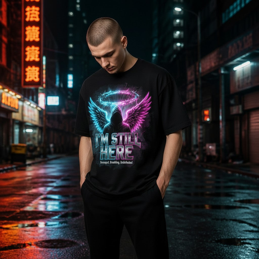 I'm Still Here black tee on model - street night, alternate angle