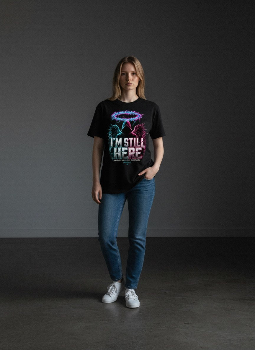 I'm Still Here black tee on model — Broken Halo Co.