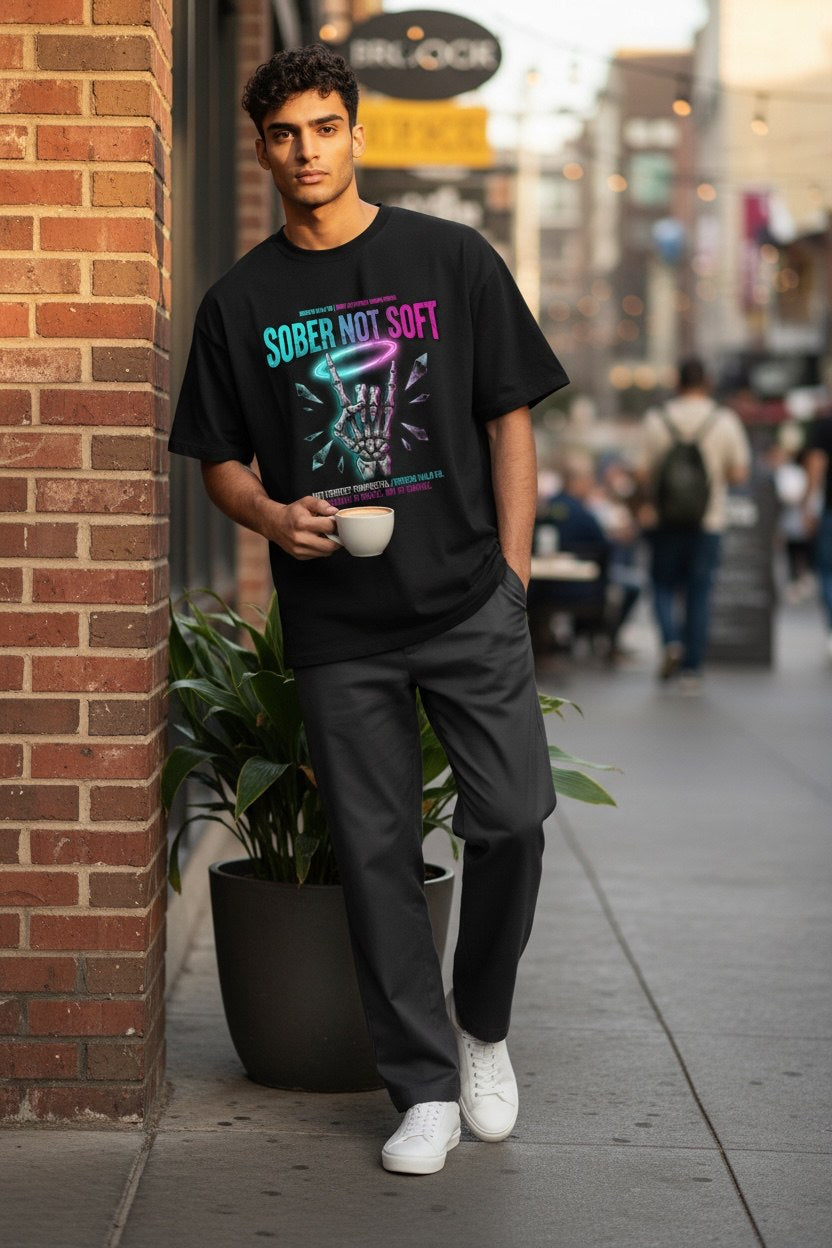 Sober Not Soft hoodie on model — Broken Halo Co.