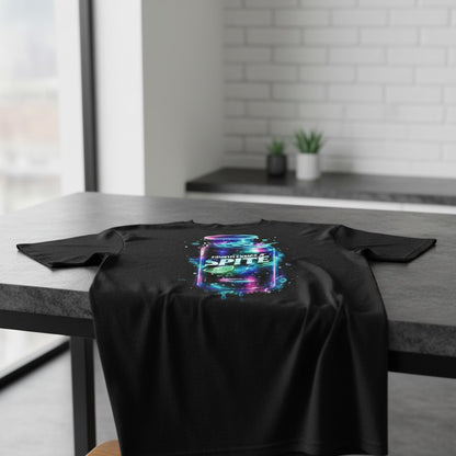Powered By Spite black tee flat lay - full graphic