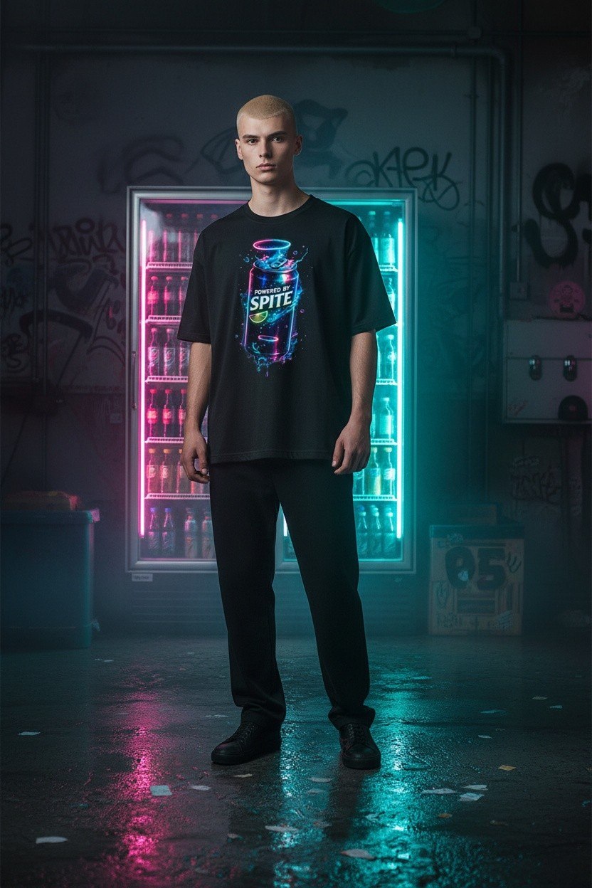 Powered By Spite black tee on model — Broken Halo Co.